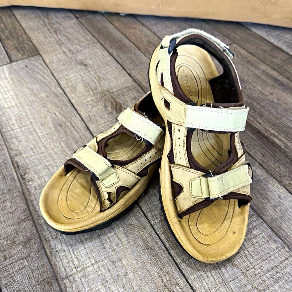 Women's Beige/Brown Leather Strappy Outdoor Sandals Hook & Loop US 10